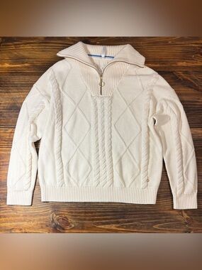 Southern Tide Marta Cable Knit Quarter Zip Sweater L Sand White Cotton Cashmere